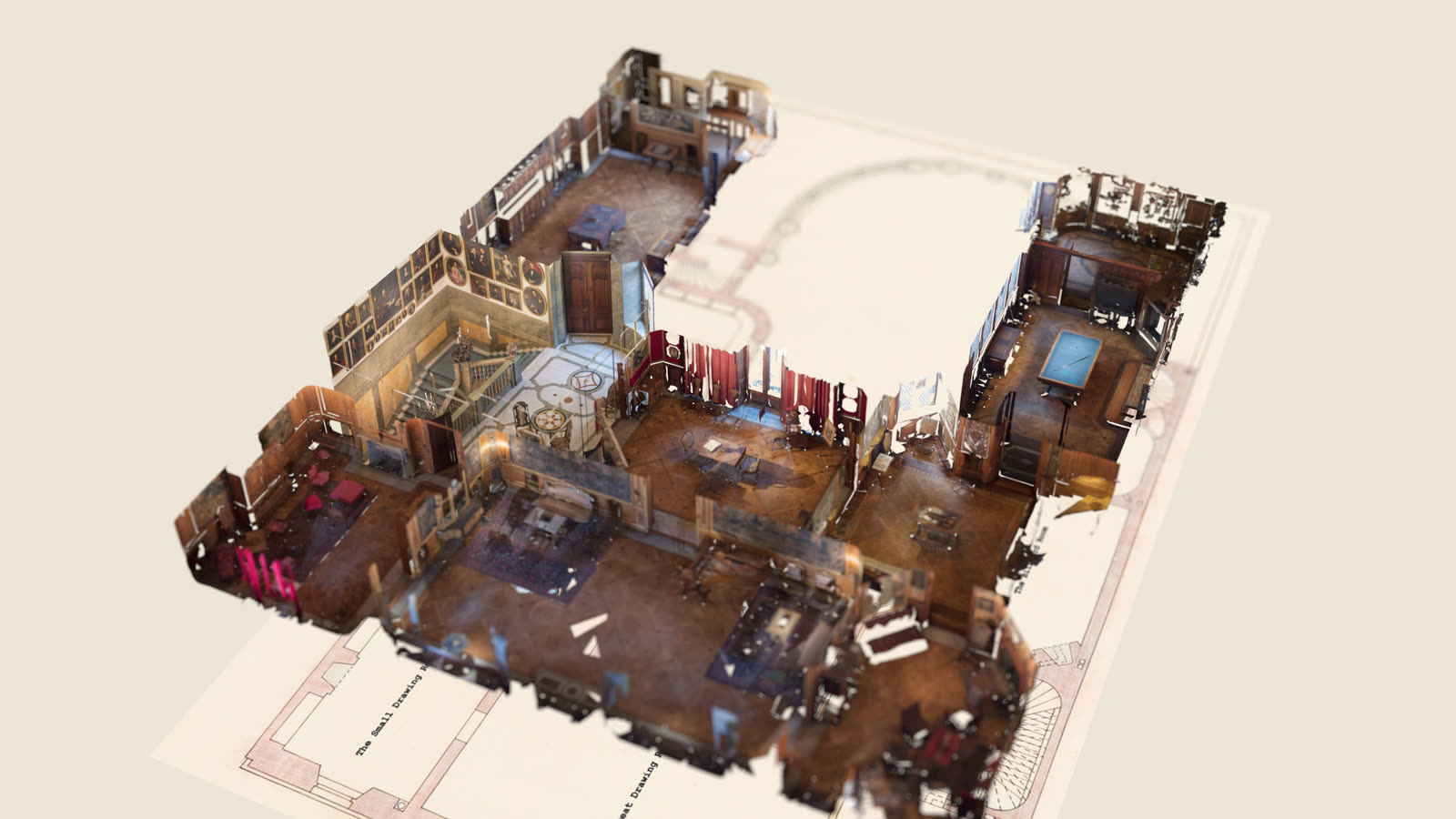 Thomas Flynn's assembly of the Hallwyl house's first-floor rooms, seen from above as an open model on the architect's plan